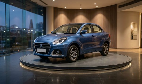 Front view of modern compact sedan during a new car launch event in an Indian showroom