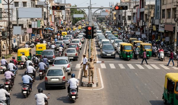 Indian traffic junction illustrating enforcement of new RTO rules