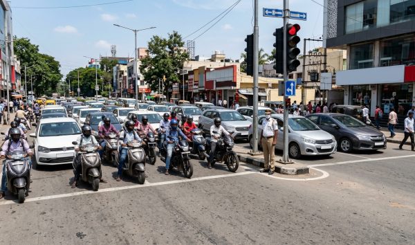 Indian traffic junction showing vehicles complying with new RTO rules