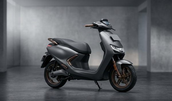 Front profile of a contemporary commuter scooter in a modern showroom setting