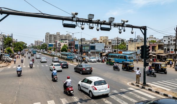 Traffic intersection with traffic signals and surveillance cameras under new traffic rules
