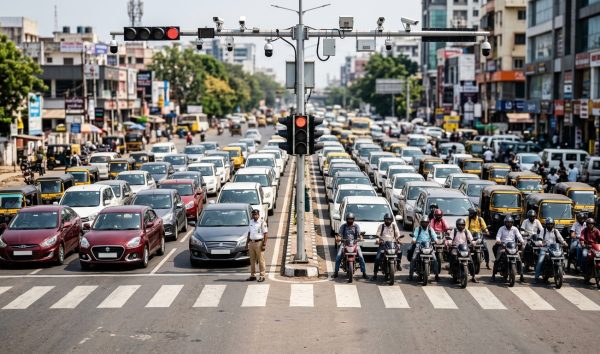 Indian traffic police officer and AI surveillance cameras enforcing new traffic rules on a busy road