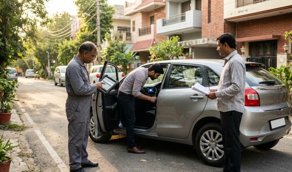 Car buyer conducting an odometer tampering check on a used car dashboard in India