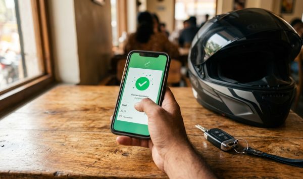 Driver using a smartphone to pay challan online after due date beside car keys