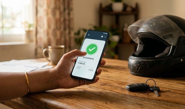 Motorist preparing to pay challan online on a smartphone next to car keys