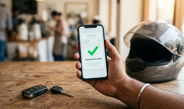 Vehicle owner holding smartphone to pay traffic fine online in India