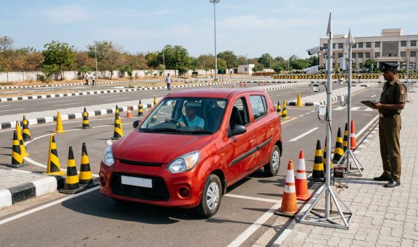 Young Indian applicant sitting in a hatchback preparing for a permanent driving licence test