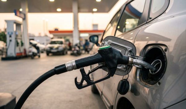 Fuel dispenser nozzle dispensing fuel into a car tank at an Indian fuel station
