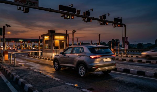 Vehicle passing through highway toll lane illustrating a digital PUC certificate check