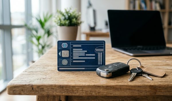 Smart card vehicle registration certificate and car keys on a desk for rc address change online