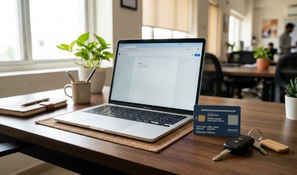 Vehicle registration certificate card and car keys beside a laptop for rc renewal online