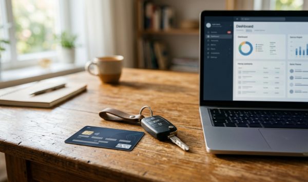 Vehicle registration card and car key on desk for rc status check online