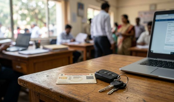 Vehicle registration certificate card beside car keys on a desk for rc status check online