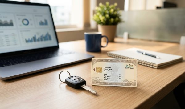 Smart card vehicle registration certificate and car keys on an office table for rc transfer online