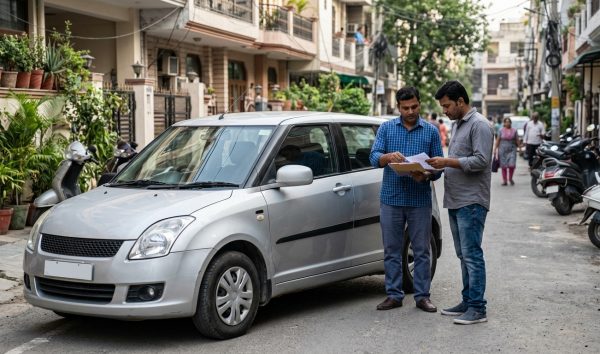 Car buyer and seller reviewing vehicle documents for rc transfer online