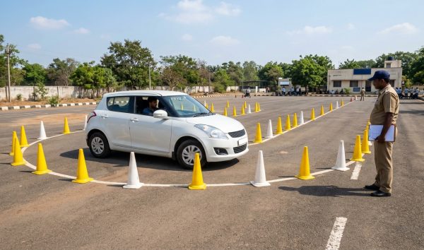 Driver completing an automated track skill evaluation under Sarathi Parivahan testing protocols