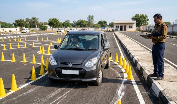 Indian driver taking an RTO driving licence test on a track for Sarathi Parivahan slot