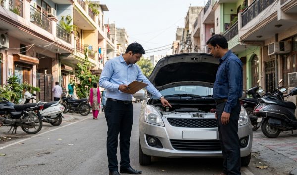 Buyer conducting a pre-purchase second hand car check on a vehicle parked on an Indian street