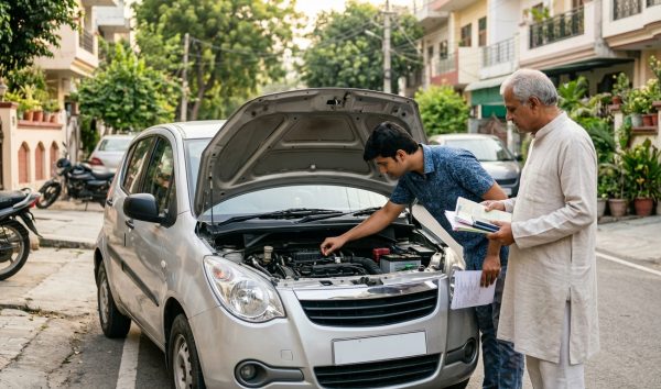 Indian buyer doing a second hand car check with vehicle papers on a residential street