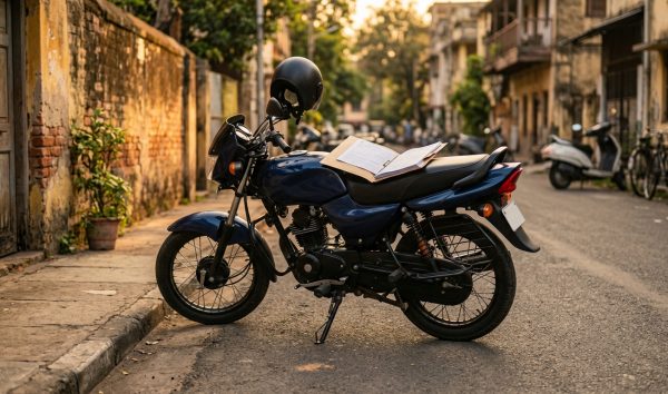 Motorcycle parked on an Indian street with insurance policy documents on the seat