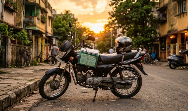 Motorcyclist checking insurance policy documents next to parked commuter bike