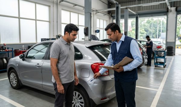 Car owner reviewing third party car insurance documents with vehicle inspector in India