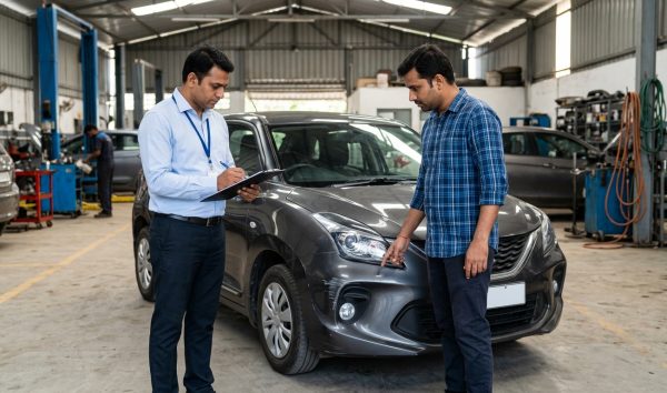 Car surveyor and owner assessing vehicle damage for third party vs comprehensive car insurance