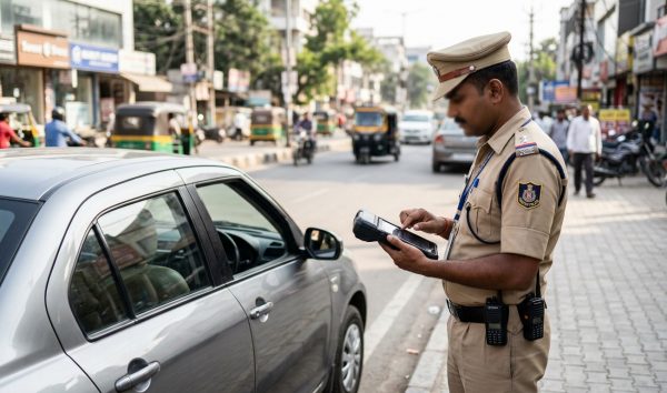 Traffic police officer reviewing traffic challan check online status on a handheld terminal