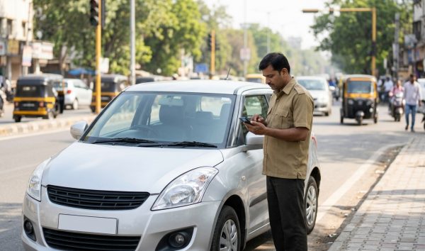 Driver completing a traffic challan check online on smartphone beside an Indian city road