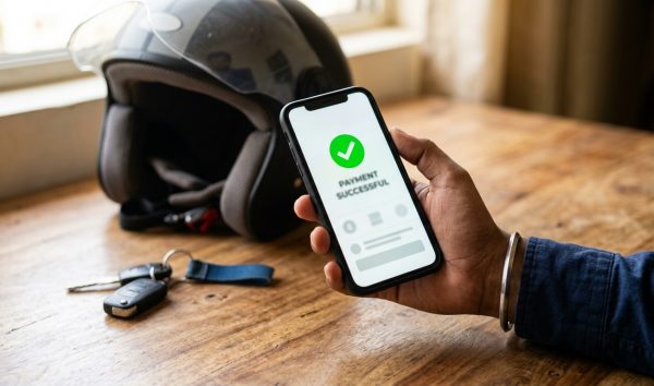 Motorist completing a traffic challan payment on a smartphone using a UPI app