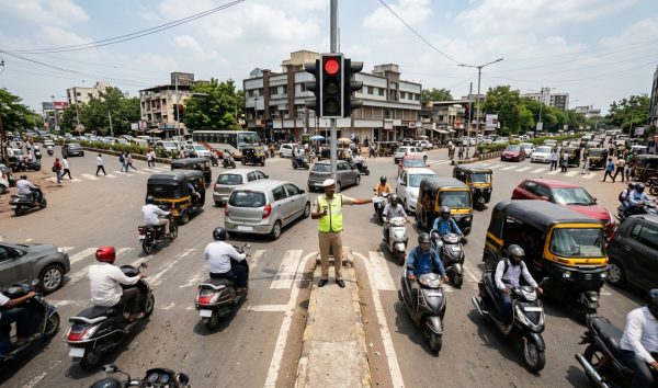 Indian traffic police officer managing vehicle flow at an urban road junction