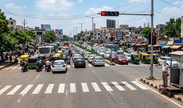 Busy Indian road junction showing traffic rules in India compliance and traffic light signal
