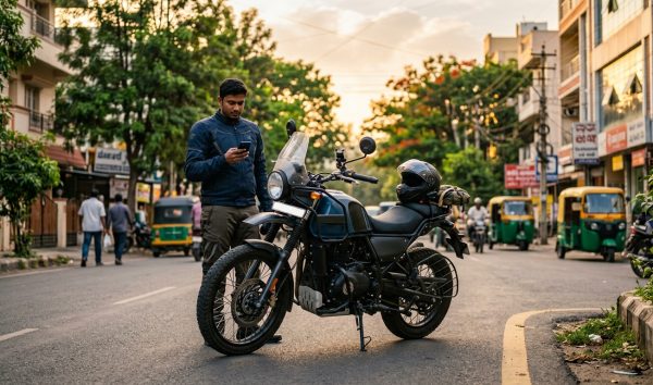 Motorcyclist checking smartphone beside a parked bike for a two wheeler insurance check