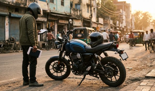 Two wheeler insurance check being conducted on a smartphone next to a motorcycle