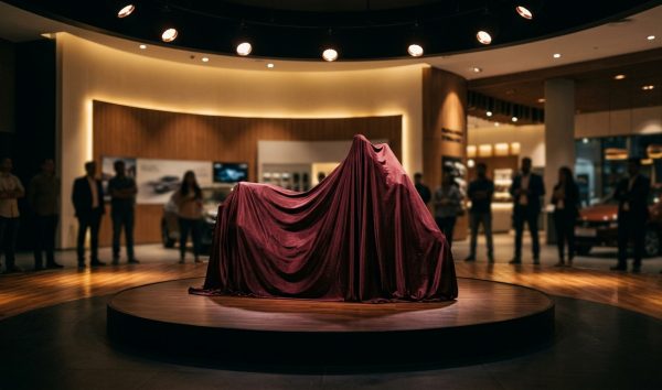 Covered motorcycle on display stage ahead of new bike launch in India