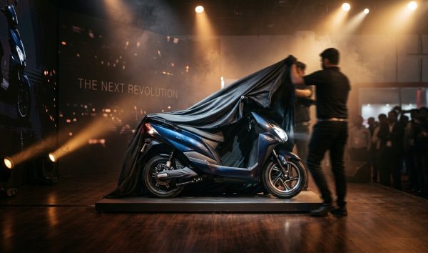 Covered upcoming electric scooters in india unveiled on a stage under spotlights
