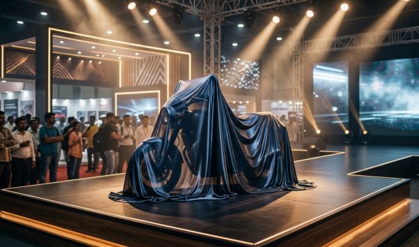 Lineup of upcoming Royal Enfield bikes in India covered on a display stage