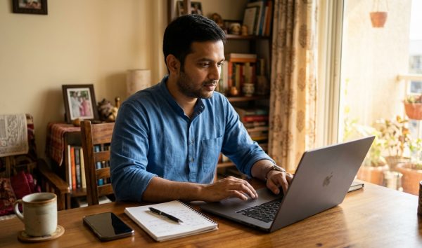 Person accessing portal to update mobile number in Parivahan on laptop