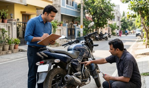 Mechanic and buyer reviewing a used bike buying checklist next to a motorcycle