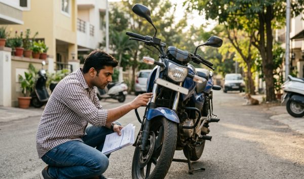 Indian buyer checking chassis and documents using a used bike buying checklist