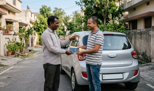 Seller handing over used car documents and car keys to a buyer in India
