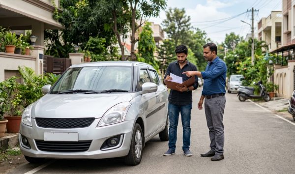 Buyer and seller reviewing used car documents next to a vehicle in India