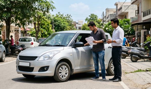Buyer examining paperwork to avoid used car scams in India