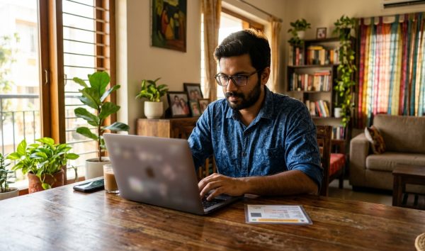 Vehicle owner applying for vehicle NOC online on a laptop at home