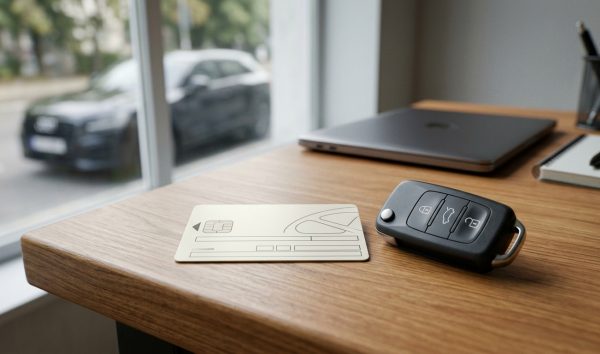 Vehicle registration certificate smart card and car key placed on a table