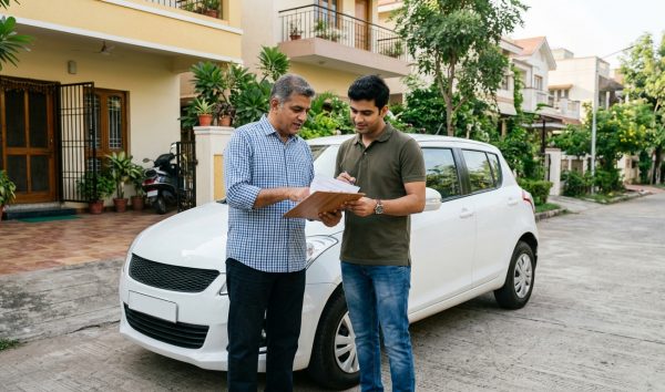 Two people reviewing a vehicle sale agreement beside a parked car