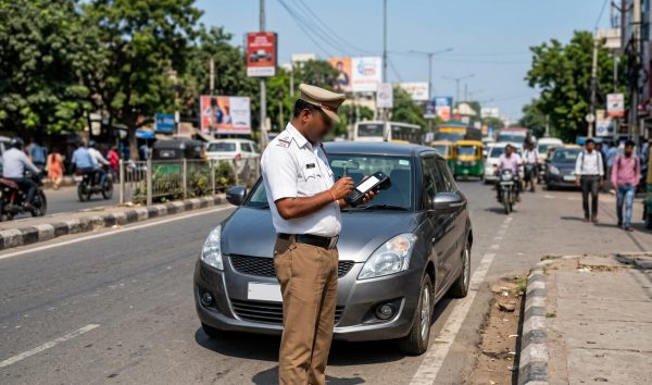 Indian traffic police officer using handheld device during a virtual court challan check on road