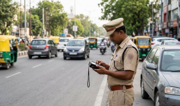 Traffic police officer checking electronic challan records on an electronic handheld device